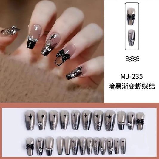 24pcs Press On Nails Short Almond Bowknot Black Press On Nails White Pearl Sweet French Tip Press On Nails Cute Nails for Party