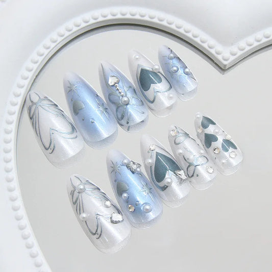 24Pcs Press-On Nails Icy-Cool Dreamy Blue with 3D Pearl Glitter Sparkling Diamonds and Starry Pearls Perfect Gift for Girls